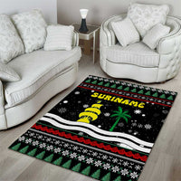 Suriname Christmas Area Rug with Black Festive Pattern, Golden Ship, Palm Tree, and Coat of Arms Motif - Wonder Print Shop