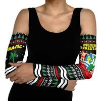 Suriname Christmas Arm Sleeves with Black Festive Pattern, Golden Ship, Palm Tree, and Coat of Arms Motif - Wonder Print Shop