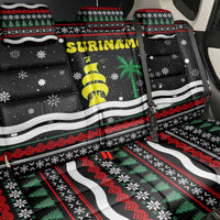 Suriname Christmas Back Car Seat Cover with Black Festive Pattern, Golden Ship, Palm Tree, and Coat of Arms Motif - Wonder Print Shop