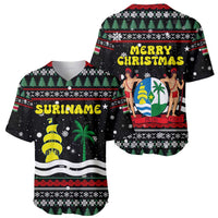 Suriname Christmas Baseball Jersey with Black Festive Pattern, Golden Ship, Palm Tree, and Coat of Arms Motif - Wonder Print Shop