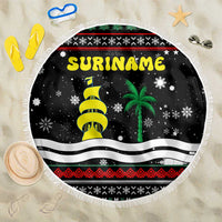 Suriname Christmas Beach Blanket with Black Festive Pattern, Golden Ship, Palm Tree, and Coat of Arms Motif - Wonder Print Shop