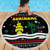 Suriname Christmas Beach Blanket with Black Festive Pattern, Golden Ship, Palm Tree, and Coat of Arms Motif - Wonder Print Shop