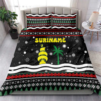 Suriname Christmas Bedding Set with Black Festive Pattern, Golden Ship, Palm Tree, and Coat of Arms Motif - Wonder Print Shop