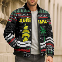 Suriname Christmas Bomber Puffer Jacket with Black Festive Pattern, Golden Ship, Palm Tree, and Coat of Arms Motif - Wonder Print Shop