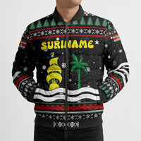 Suriname Christmas Bomber Puffer Jacket with Black Festive Pattern, Golden Ship, Palm Tree, and Coat of Arms Motif - Wonder Print Shop
