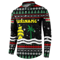 Suriname Christmas Button Sweatshirt with Black Festive Pattern, Golden Ship, Palm Tree, and Coat of Arms Motif - Wonder Print Shop