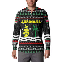 Suriname Christmas Button Sweatshirt with Black Festive Pattern, Golden Ship, Palm Tree, and Coat of Arms Motif - Wonder Print Shop