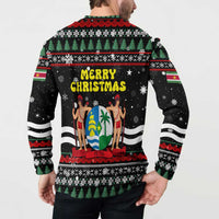 Suriname Christmas Button Sweatshirt with Black Festive Pattern, Golden Ship, Palm Tree, and Coat of Arms Motif - Wonder Print Shop