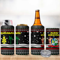 Suriname Christmas 4 in 1 Can Cooler Tumbler with Black Festive Pattern, Golden Ship, Palm Tree, and Coat of Arms Motif - Wonder Print Shop