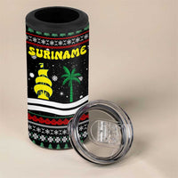 Suriname Christmas 4 in 1 Can Cooler Tumbler with Black Festive Pattern, Golden Ship, Palm Tree, and Coat of Arms Motif - Wonder Print Shop