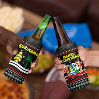 Suriname Christmas 4 in 1 Can Cooler Tumbler with Black Festive Pattern, Golden Ship, Palm Tree, and Coat of Arms Motif - Wonder Print Shop