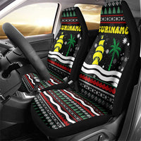 Suriname Christmas Car Seat Cover with Black Festive Pattern, Golden Ship, Palm Tree, and Coat of Arms Motif - Wonder Print Shop