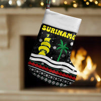 Suriname Christmas Stocking with Black Festive Pattern, Golden Ship, Palm Tree, and Coat of Arms Motif - Wonder Print Shop