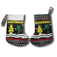 Suriname Christmas Stocking with Black Festive Pattern, Golden Ship, Palm Tree, and Coat of Arms Motif - Wonder Print Shop