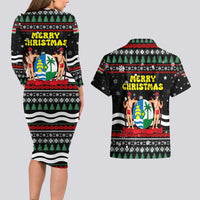Suriname Christmas Couples Matching Long Sleeve Bodycon Dress and Hawaiian Shirt with Black Festive Pattern, Golden Ship, Palm Tree, and Coat of Arms Motif - Wonder Print Shop