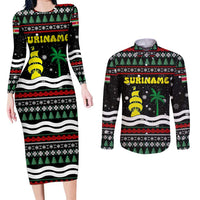 Suriname Christmas Couples Matching Long Sleeve Bodycon Dress and Long Sleeve Button Shirt with Black Festive Pattern, Golden Ship, Palm Tree, and Coat of Arms Motif - Wonder Print Shop