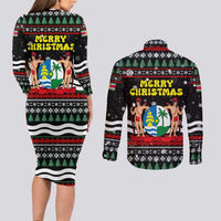 Suriname Christmas Couples Matching Long Sleeve Bodycon Dress and Long Sleeve Button Shirt with Black Festive Pattern, Golden Ship, Palm Tree, and Coat of Arms Motif - Wonder Print Shop