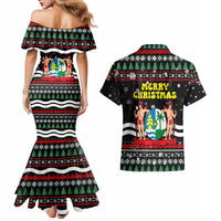 Suriname Christmas Couples Matching Mermaid Dress and Hawaiian Shirt with Black Festive Pattern, Golden Ship, Palm Tree, and Coat of Arms Motif - Wonder Print Shop