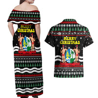 Suriname Christmas Couples Matching Off Shoulder Maxi Dress and Hawaiian Shirt with Black Festive Pattern, Golden Ship, Palm Tree, and Coat of Arms Motif - Wonder Print Shop