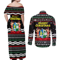 Suriname Christmas Couples Matching Off Shoulder Maxi Dress and Long Sleeve Button Shirt with Black Festive Pattern, Golden Ship, Palm Tree, and Coat of Arms Motif - Wonder Print Shop