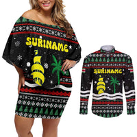Suriname Christmas Couples Matching Off Shoulder Short Dress and Long Sleeve Button Shirt with Black Festive Pattern, Golden Ship, Palm Tree, and Coat of Arms Motif - Wonder Print Shop