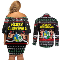 Suriname Christmas Couples Matching Off Shoulder Short Dress and Long Sleeve Button Shirt with Black Festive Pattern, Golden Ship, Palm Tree, and Coat of Arms Motif - Wonder Print Shop