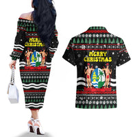 Suriname Christmas Couples Matching Off The Shoulder Long Sleeve Dress and Hawaiian Shirt with Black Festive Pattern, Golden Ship, Palm Tree, and Coat of Arms Motif - Wonder Print Shop