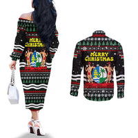 Suriname Christmas Couples Matching Off The Shoulder Long Sleeve Dress and Long Sleeve Button Shirt with Black Festive Pattern, Golden Ship, Palm Tree, and Coat of Arms Motif - Wonder Print Shop