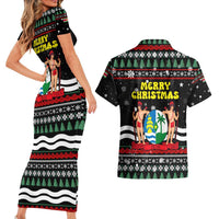 Suriname Christmas Couples Matching Short Sleeve Bodycon Dress and Hawaiian Shirt with Black Festive Pattern, Golden Ship, Palm Tree, and Coat of Arms Motif - Wonder Print Shop
