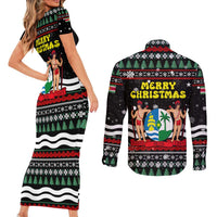Suriname Christmas Couples Matching Short Sleeve Bodycon Dress and Long Sleeve Button Shirt with Black Festive Pattern, Golden Ship, Palm Tree, and Coat of Arms Motif - Wonder Print Shop