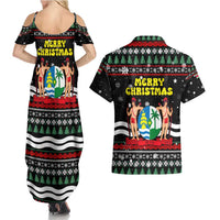 Suriname Christmas Couples Matching Summer Maxi Dress and Hawaiian Shirt with Black Festive Pattern, Golden Ship, Palm Tree, and Coat of Arms Motif - Wonder Print Shop