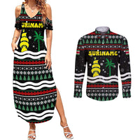 Suriname Christmas Couples Matching Summer Maxi Dress and Long Sleeve Button Shirt with Black Festive Pattern, Golden Ship, Palm Tree, and Coat of Arms Motif - Wonder Print Shop