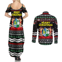 Suriname Christmas Couples Matching Summer Maxi Dress and Long Sleeve Button Shirt with Black Festive Pattern, Golden Ship, Palm Tree, and Coat of Arms Motif - Wonder Print Shop