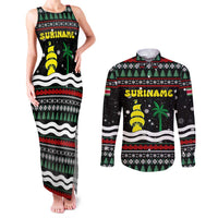 Suriname Christmas Couples Matching Tank Maxi Dress and Long Sleeve Button Shirt with Black Festive Pattern, Golden Ship, Palm Tree, and Coat of Arms Motif - Wonder Print Shop