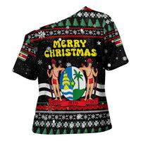 Suriname Christmas Cross Shoulder Shirt with Black Festive Pattern, Golden Ship, Palm Tree, and Coat of Arms Motif - Wonder Print Shop