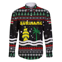 Suriname Christmas Family Matching Long Sleeve Bodycon Dress and Hawaiian Shirt with Black Festive Pattern, Golden Ship, Palm Tree, and Coat of Arms Motif - Wonder Print Shop