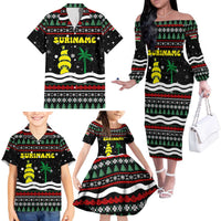 Suriname Christmas Family Matching Off The Shoulder Long Sleeve Dress and Hawaiian Shirt with Black Festive Pattern, Golden Ship, Palm Tree, and Coat of Arms Motif - Wonder Print Shop