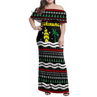 Suriname Christmas Family Matching Off Shoulder Maxi Dress and Hawaiian Shirt with Black Festive Pattern, Golden Ship, Palm Tree, and Coat of Arms Motif - Wonder Print Shop
