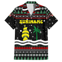 Suriname Christmas Family Matching Off Shoulder Short Dress and Hawaiian Shirt with Black Festive Pattern, Golden Ship, Palm Tree, and Coat of Arms Motif - Wonder Print Shop