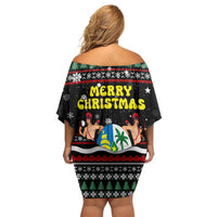 Suriname Christmas Family Matching Off Shoulder Short Dress and Hawaiian Shirt with Black Festive Pattern, Golden Ship, Palm Tree, and Coat of Arms Motif - Wonder Print Shop