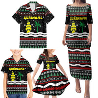 Suriname Christmas Family Matching Puletasi and Hawaiian Shirt with Black Festive Pattern, Golden Ship, Palm Tree, and Coat of Arms Motif - Wonder Print Shop