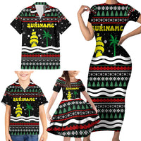 Suriname Christmas Family Matching Short Sleeve Bodycon Dress and Hawaiian Shirt with Black Festive Pattern, Golden Ship, Palm Tree, and Coat of Arms Motif - Wonder Print Shop