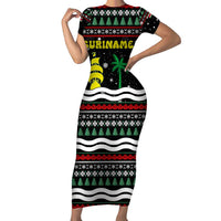 Suriname Christmas Family Matching Short Sleeve Bodycon Dress and Hawaiian Shirt with Black Festive Pattern, Golden Ship, Palm Tree, and Coat of Arms Motif - Wonder Print Shop