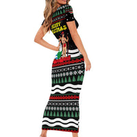 Suriname Christmas Family Matching Short Sleeve Bodycon Dress and Hawaiian Shirt with Black Festive Pattern, Golden Ship, Palm Tree, and Coat of Arms Motif - Wonder Print Shop