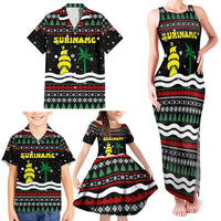 Suriname Christmas Family Matching Tank Maxi Dress and Hawaiian Shirt with Black Festive Pattern, Golden Ship, Palm Tree, and Coat of Arms Motif - Wonder Print Shop