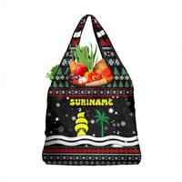 Suriname Christmas Grocery Bag with Black Festive Pattern, Golden Ship, Palm Tree, and Coat of Arms Motif - Wonder Print Shop