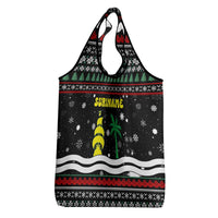 Suriname Christmas Grocery Bag with Black Festive Pattern, Golden Ship, Palm Tree, and Coat of Arms Motif - Wonder Print Shop