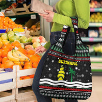 Suriname Christmas Grocery Bag with Black Festive Pattern, Golden Ship, Palm Tree, and Coat of Arms Motif - Wonder Print Shop