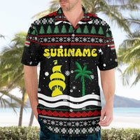 Suriname Christmas Hawaiian Shirt with Black Festive Pattern, Golden Ship, Palm Tree, and Coat of Arms Motif - Wonder Print Shop