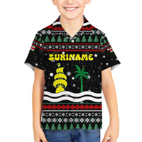 Suriname Christmas Hawaiian Shirt with Black Festive Pattern, Golden Ship, Palm Tree, and Coat of Arms Motif - Wonder Print Shop